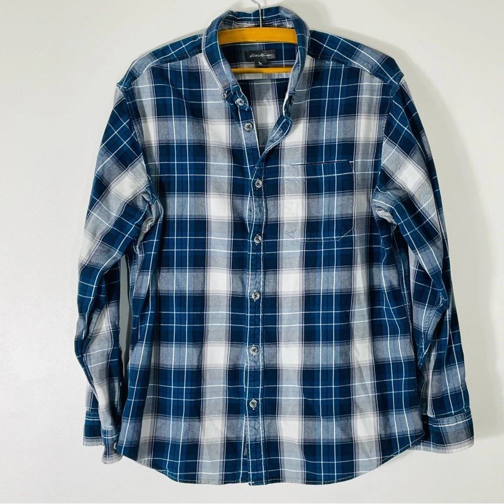 Eddie Bauer Blue & White Plaid Striped Relaxed Fit Casual Dress Shirt Size Large